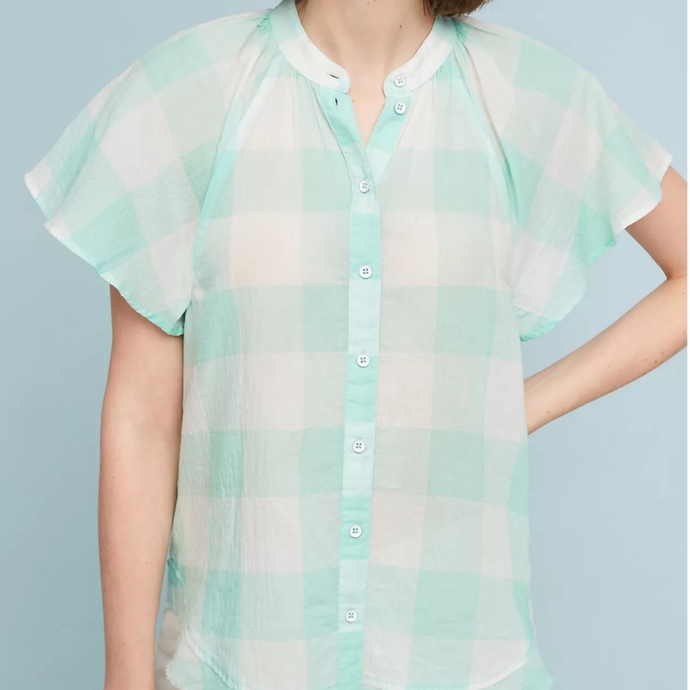 Anthropologie Maeve Gingham Flutter Top Women Large
